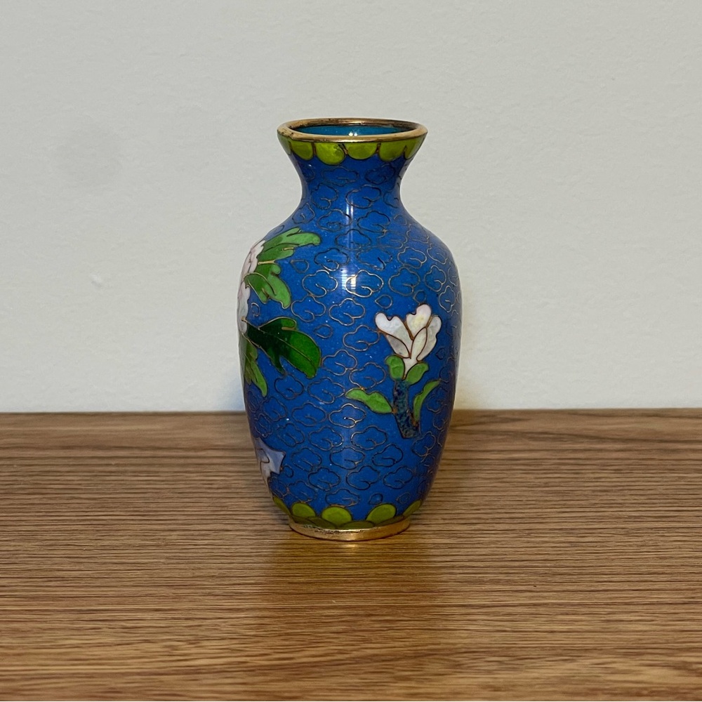 Vintage Chinese Cloisonné Miniature Vase - 3" Blue Enamel Peony - Picture 2 of 8